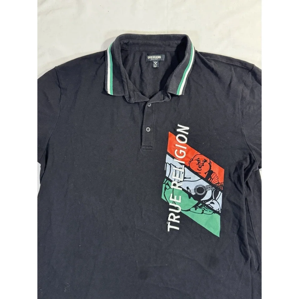 True Religion Men SZ XL Polo Sport Shirt Black Graphic Short Sleeve Logo